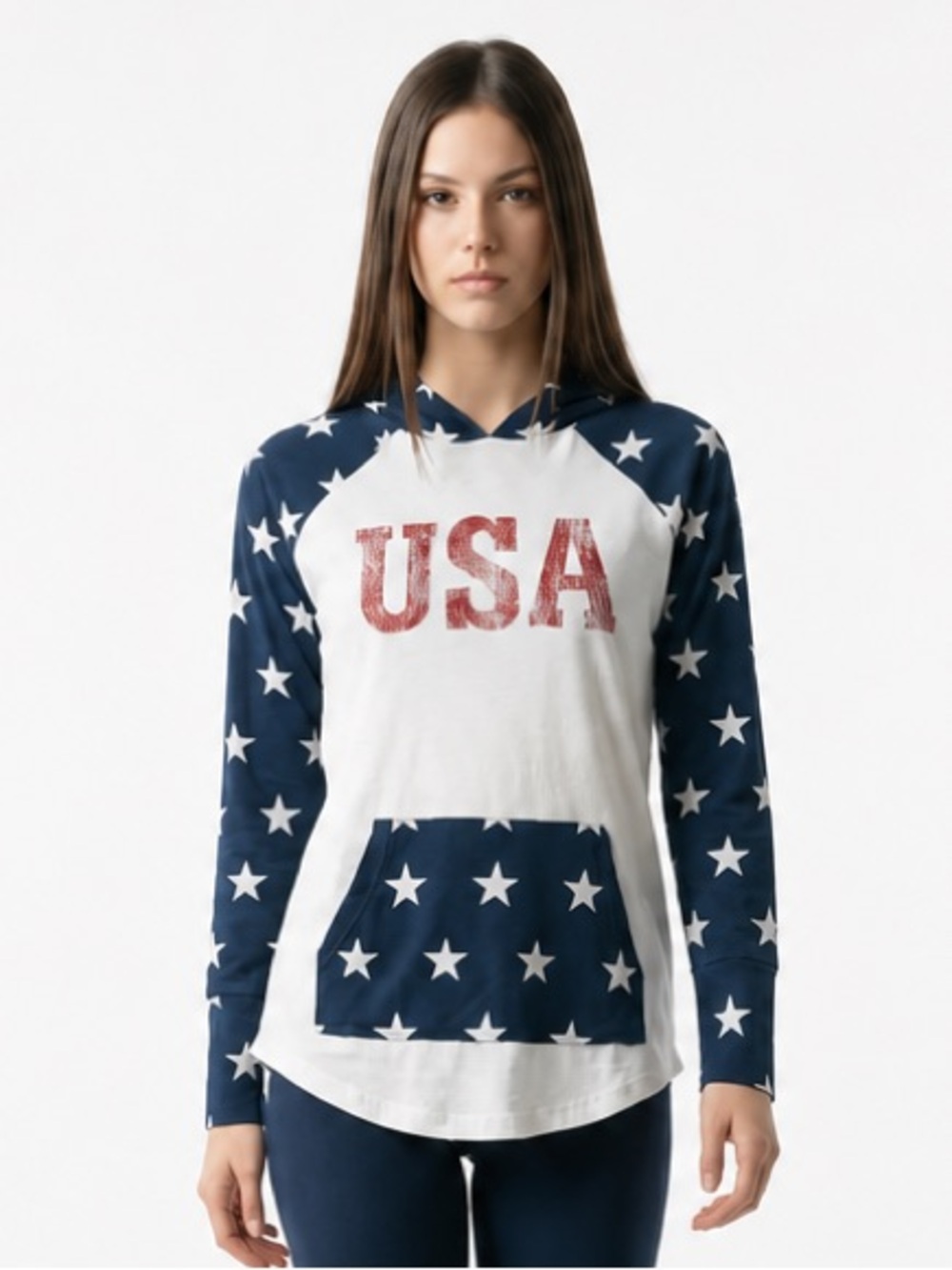 LuLaRoe lightweight USA Star Raglan Hoodie in Navy, White & Red- LuLaRoe Amber